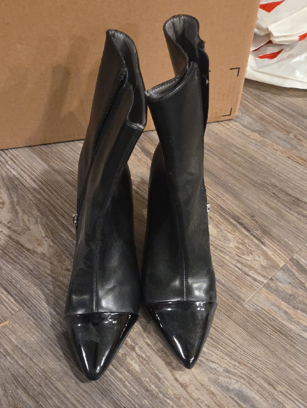 Adrienne Vittadini Black Patent-Tip Ankle Heeled Boots